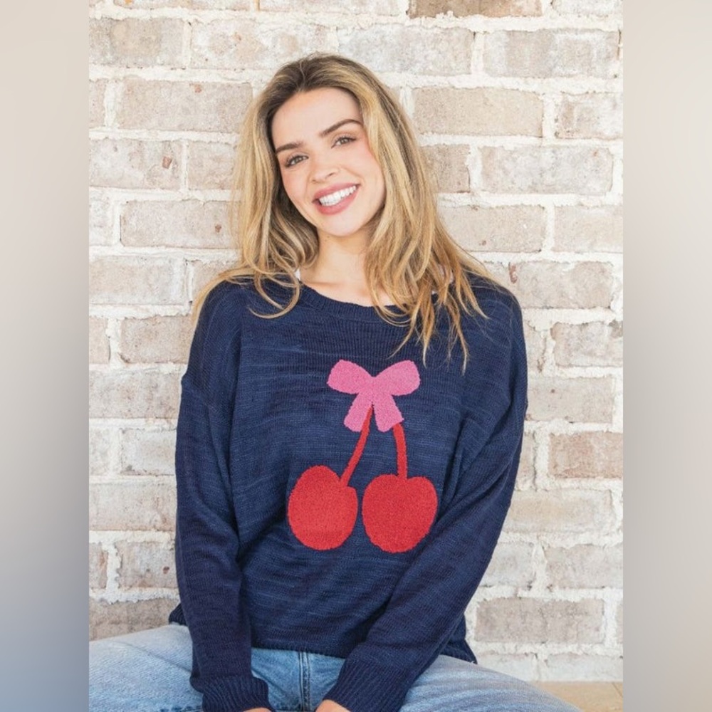 Simply‎ Southern Women’s Navy Cherry Sweater Size Large/XL